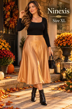 Ninexis Gold Satin Midi Skirt XL Champagne A-Line Flowy Elegant Fall Holiday